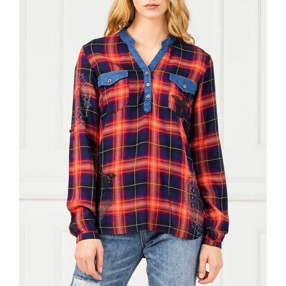 Desigual Womens Red Blue Plaid Tunic Top Long Sleeve Front Pockets Pullover XL